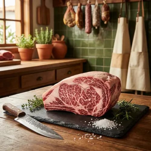 Corte premium Wagyu com marmoreio intenso sobre ardósia